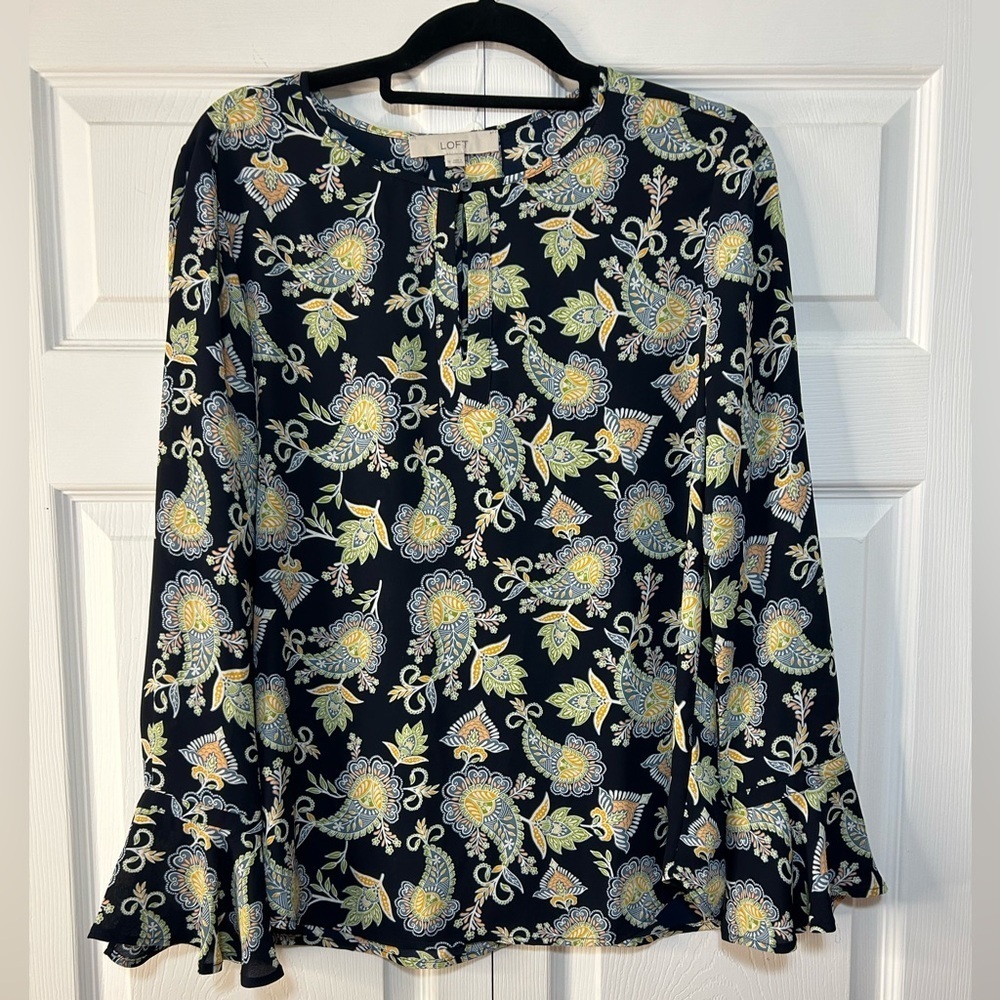 Blouses Loft Paisley Blue Green Bell Sleeve Blouse Size Medium
